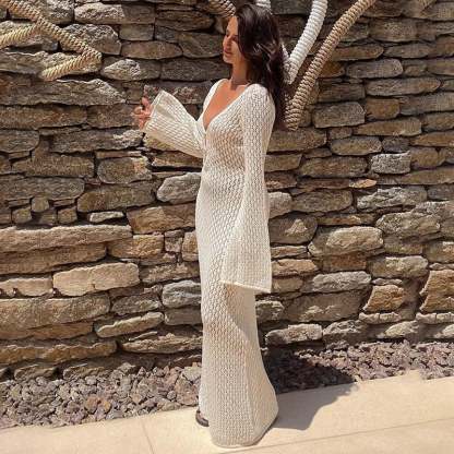 Crochet Fishtail Flare Sleeve Maxi Dress