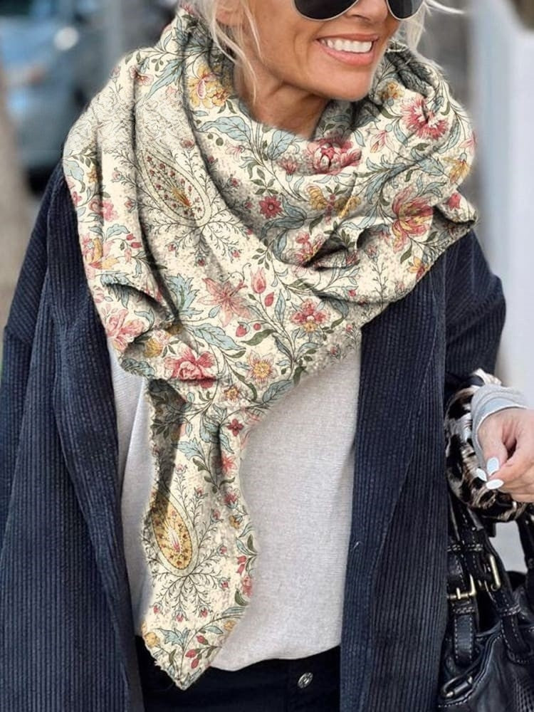 Women's Vintage Paisley Floral Print Casual Knitted Blanket Poncho Hoo