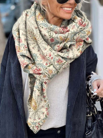 Women's Vintage Paisley Floral Print Casual Knitted Blanket Poncho Hoo