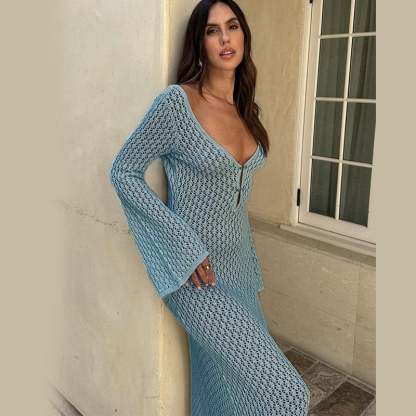 Crochet Fishtail Flare Sleeve Maxi Dress