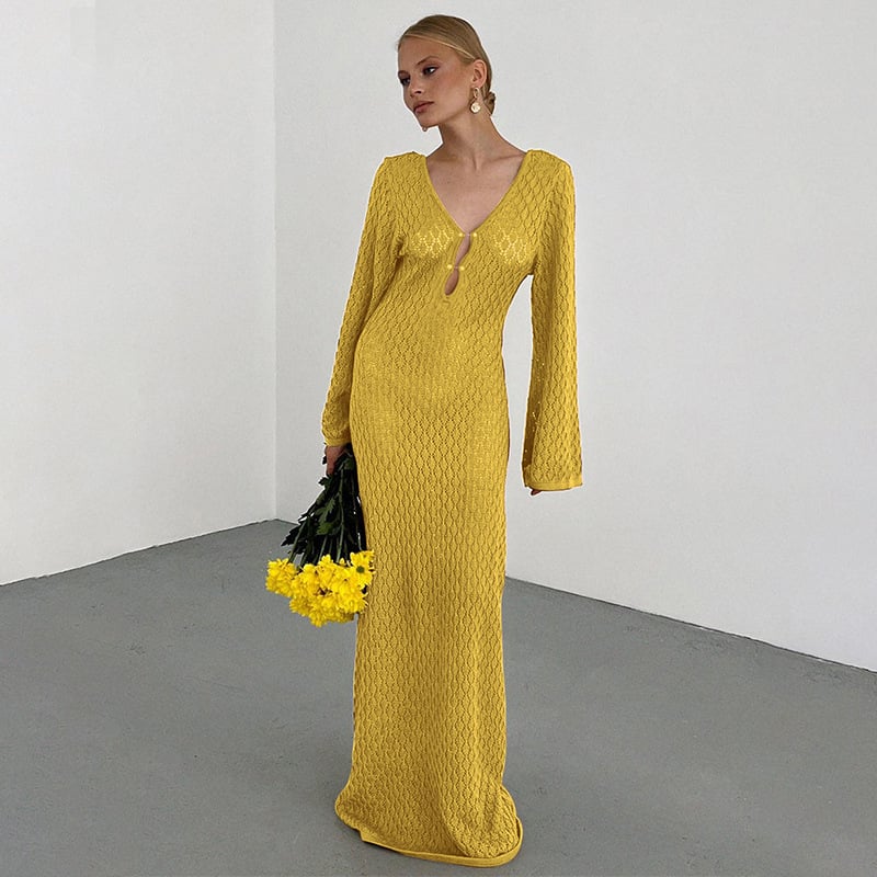 Crochet Fishtail Flare Sleeve Maxi Dress