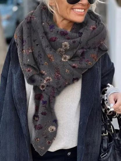 Women's Vintage Paisley Floral Print Casual Knitted Blanket Poncho Hood Cape