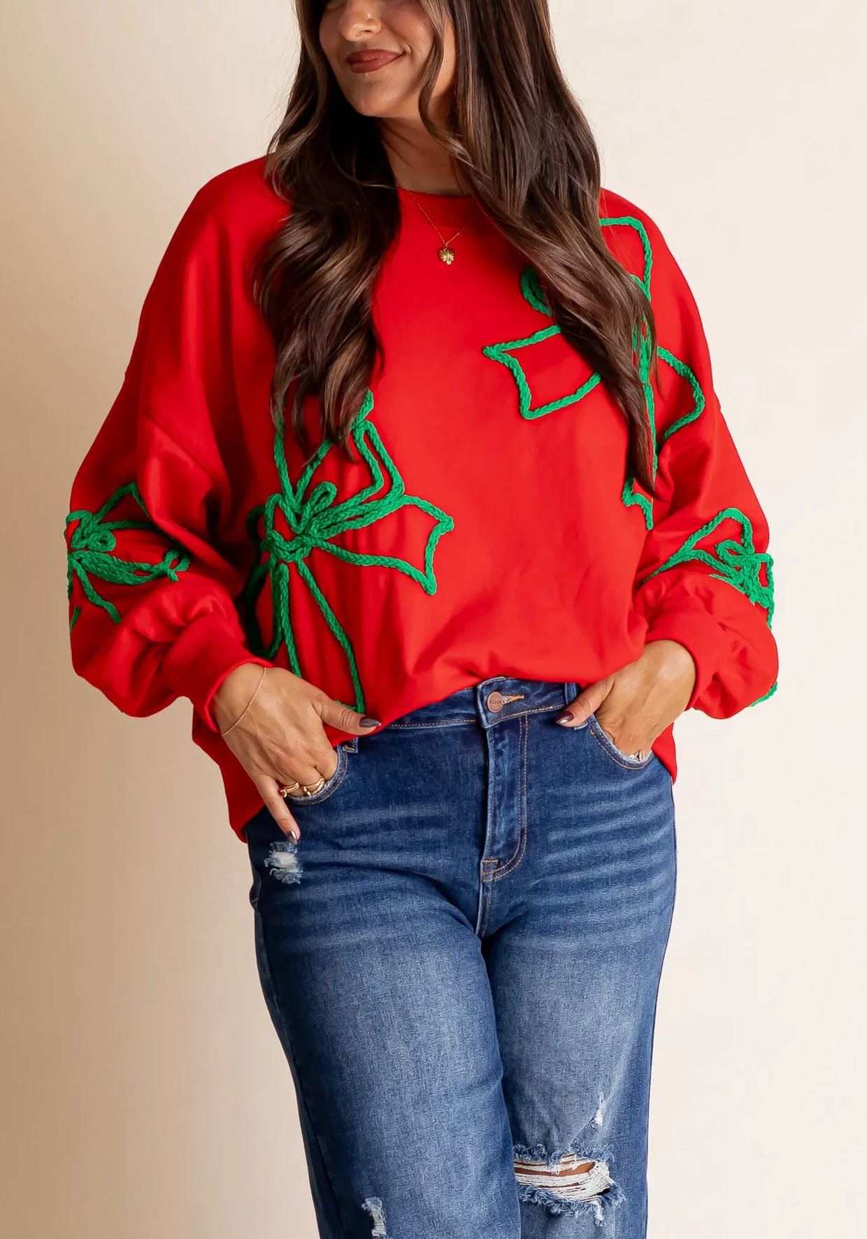 Christmas Bow Embroidered Sweatshirt 