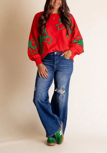 Christmas Bow Embroidered Sweatshirt 