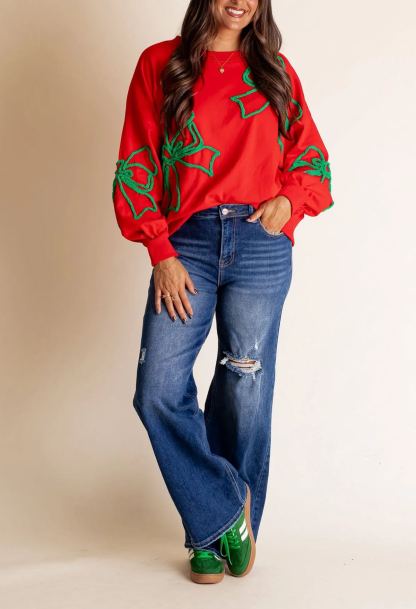 Christmas Bow Embroidered Sweatshirt 