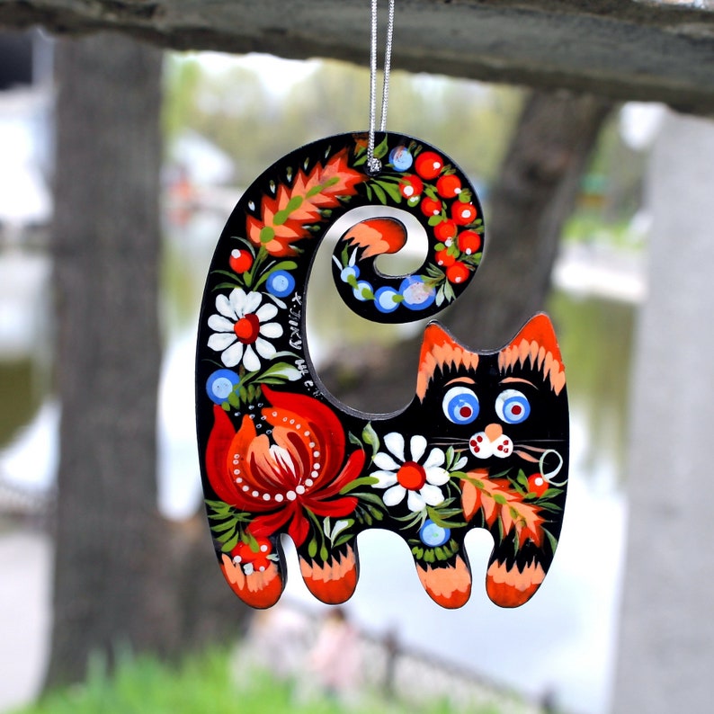 Fanny Сat Christmas ornaments handmade, wooden Christmas tree animal decorations Cat unique tree ornaments traditional ukrainian painted image 2
