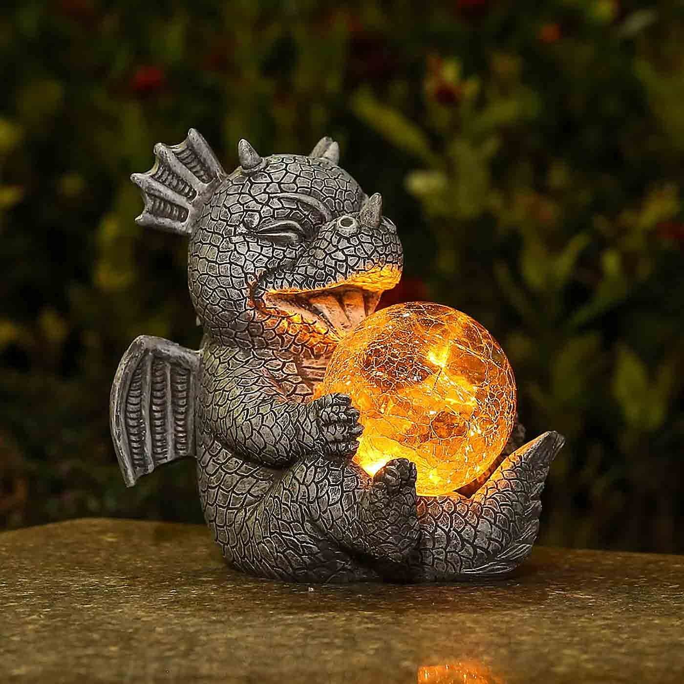 Garden Dragon Statues - Adorable Baby Resin Dragon Figurines, Holding Magic Orb with Solar LED Lights, Outdoor Spring Decorations for Patio Yard Lawn Porch, Ornament Gift