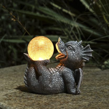 Garden Dragon Statues - Adorable Baby Resin Dragon Figurines, Holding Magic Orb with Solar LED Lights, Outdoor Spring Decorations for Patio Yard Lawn Porch, Ornament Gift