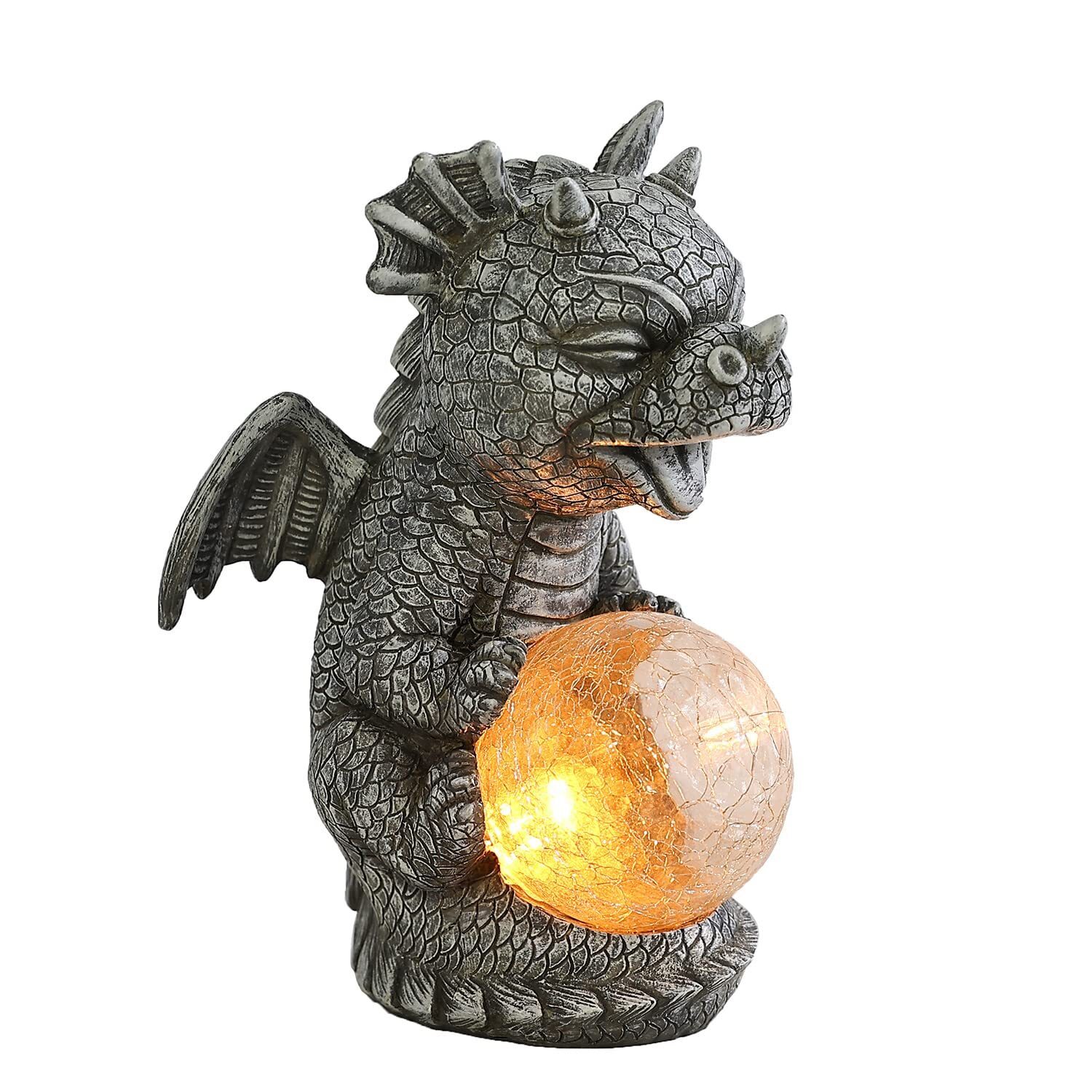 Garden Dragon Statues - Adorable Baby Resin Dragon Figurines, Holding Magic Orb with Solar LED Lights, Outdoor Spring Decorations for Patio Yard Lawn Porch, Ornament Gift