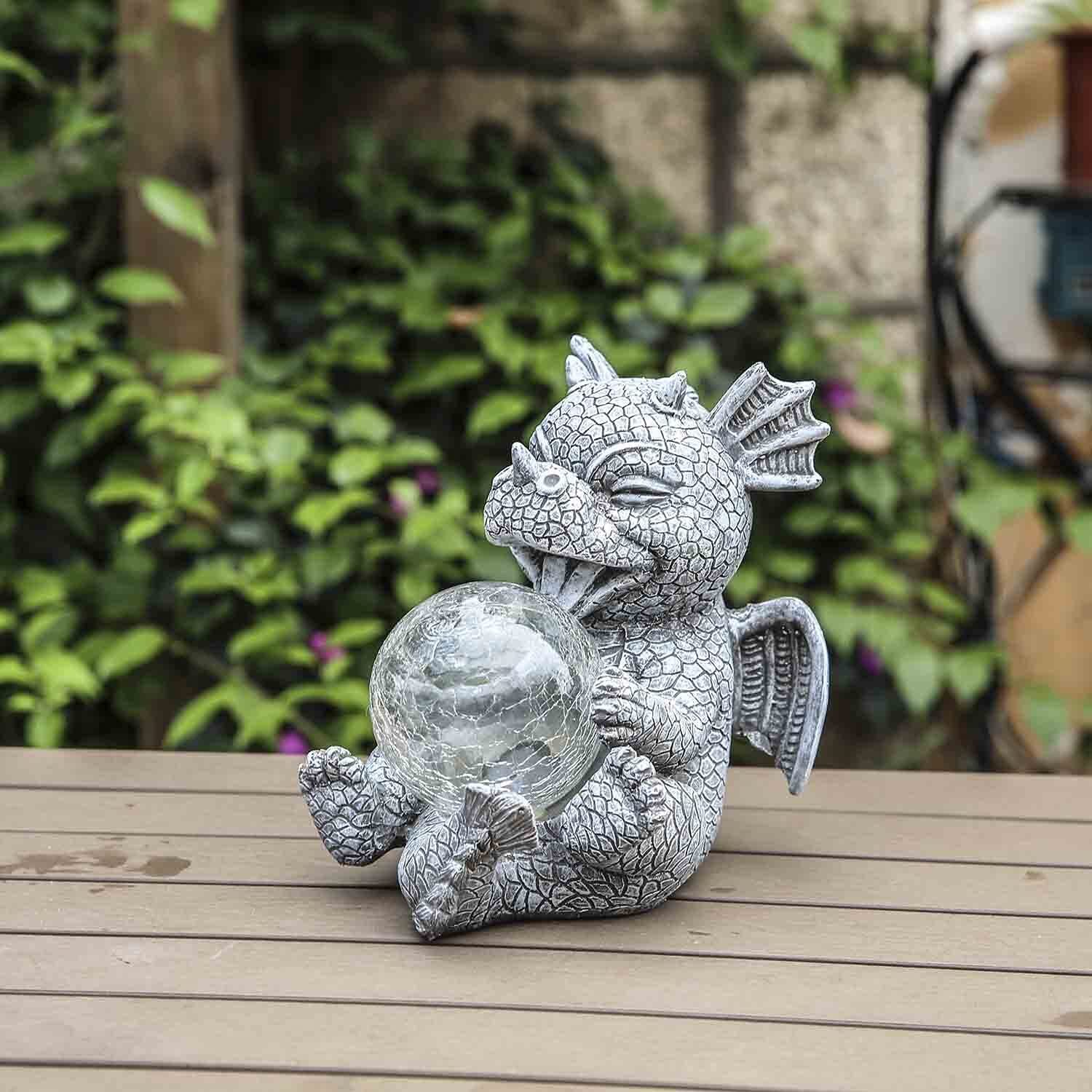 Garden Dragon Statues - Adorable Baby Resin Dragon Figurines, Holding Magic Orb with Solar LED Lights, Outdoor Spring Decorations for Patio Yard Lawn Porch, Ornament Gift