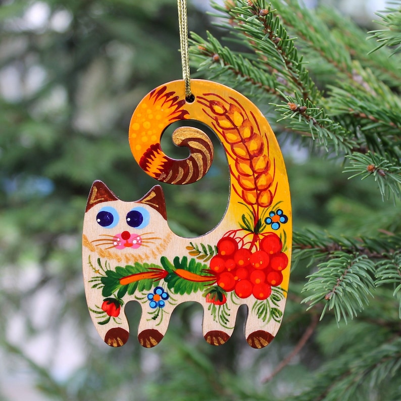 Hand painted Christmas ornaments cats wooden animal Christmas decorations, traditional ukrainian painting Petrykivka with floral patterns image 1