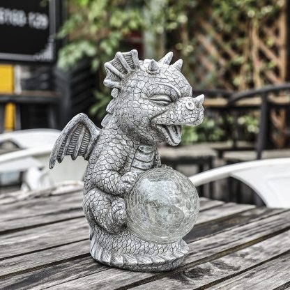 Garden Dragon Statues - Adorable Baby Resin Dragon Figurines, Holding Magic Orb with Solar LED Lights, Outdoor Spring Decorations for Patio Yard Lawn Porch, Ornament Gift