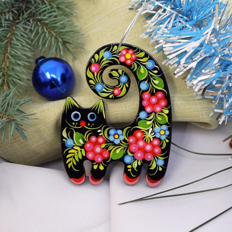 Cat Christmas ornaments of wood hand painted in ukrainian traditional Petrykivka-style, handmade Christmas decorations with cats image 2