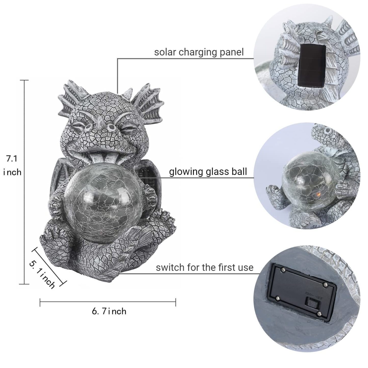 Garden Dragon Statues - Adorable Baby Resin Dragon Figurines, Holding Magic Orb with Solar LED Lights, Outdoor Spring Decorations for Patio Yard Lawn Porch, Ornament Gift