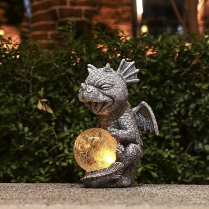Garden Dragon Statues - Adorable Baby Resin Dragon Figurines, Holding Magic Orb with Solar LED Lights, Outdoor Spring Decorations for Patio Yard Lawn Porch, Ornament Gift