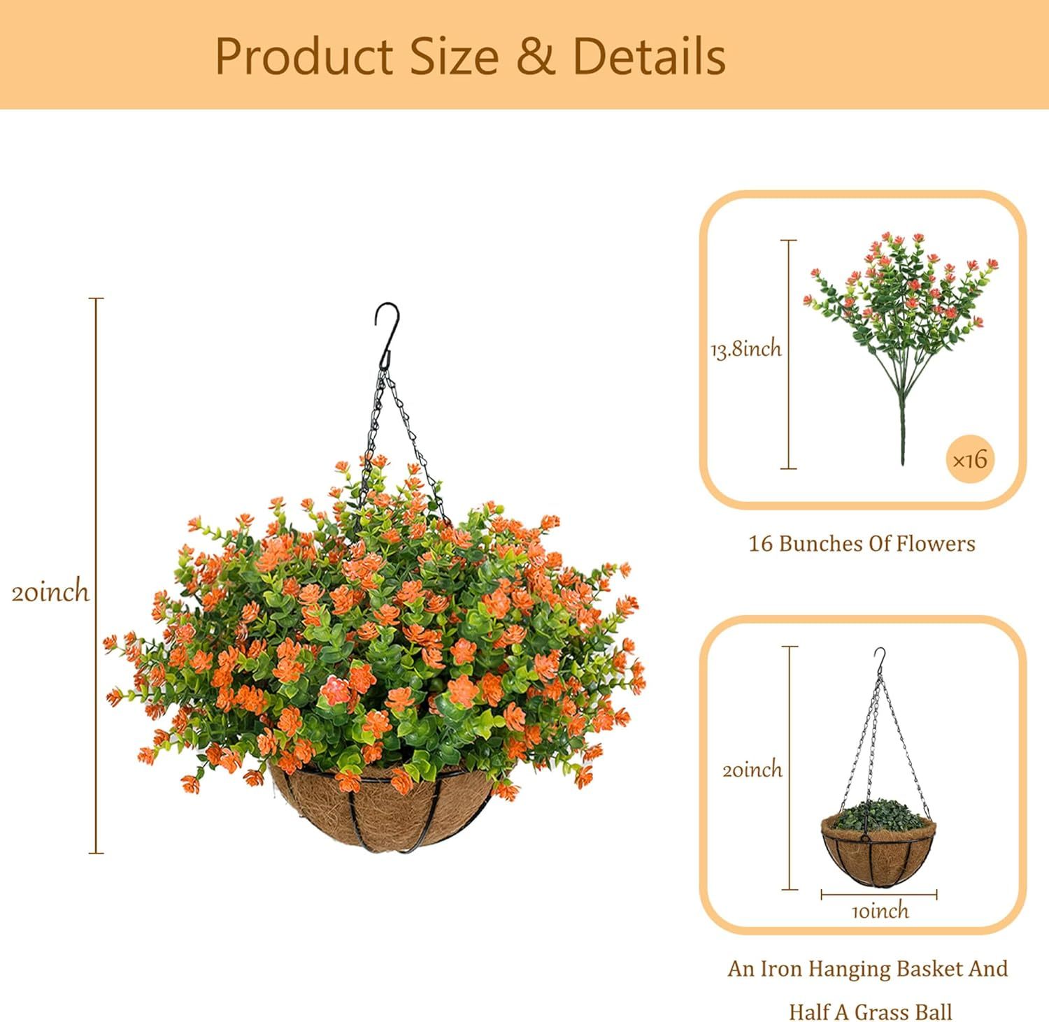 Artificial Hanging Flowers Basket for Outdoor, 16 Fake Flowers Look Real UV Resistant, Faux Hanging Plants for Porch, Balcony, Patio, Garden, Spring Summer Decor,White