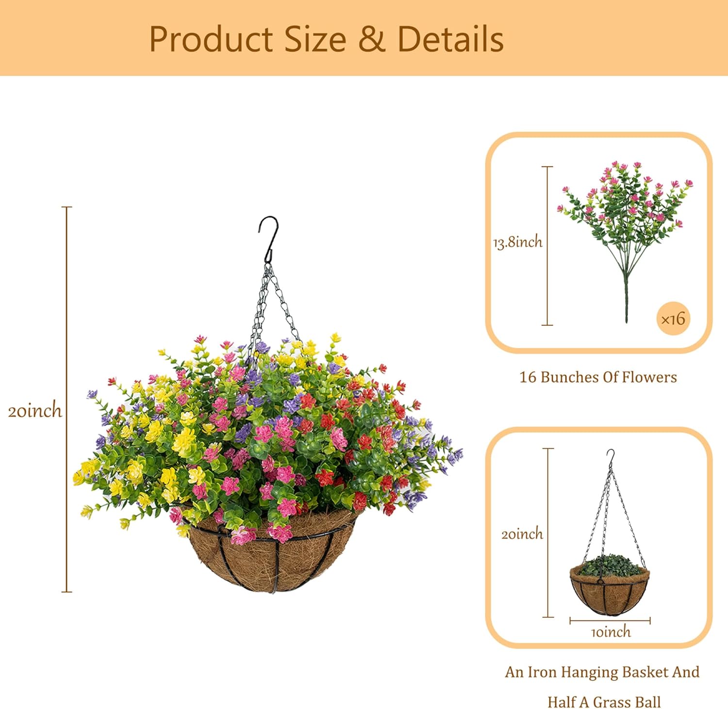 Artificial Hanging Flowers Basket for Outdoor, 16 Fake Flowers Look Real UV Resistant, Faux Hanging Plants for Porch, Balcony, Patio, Garden, Spring Summer Decor,White