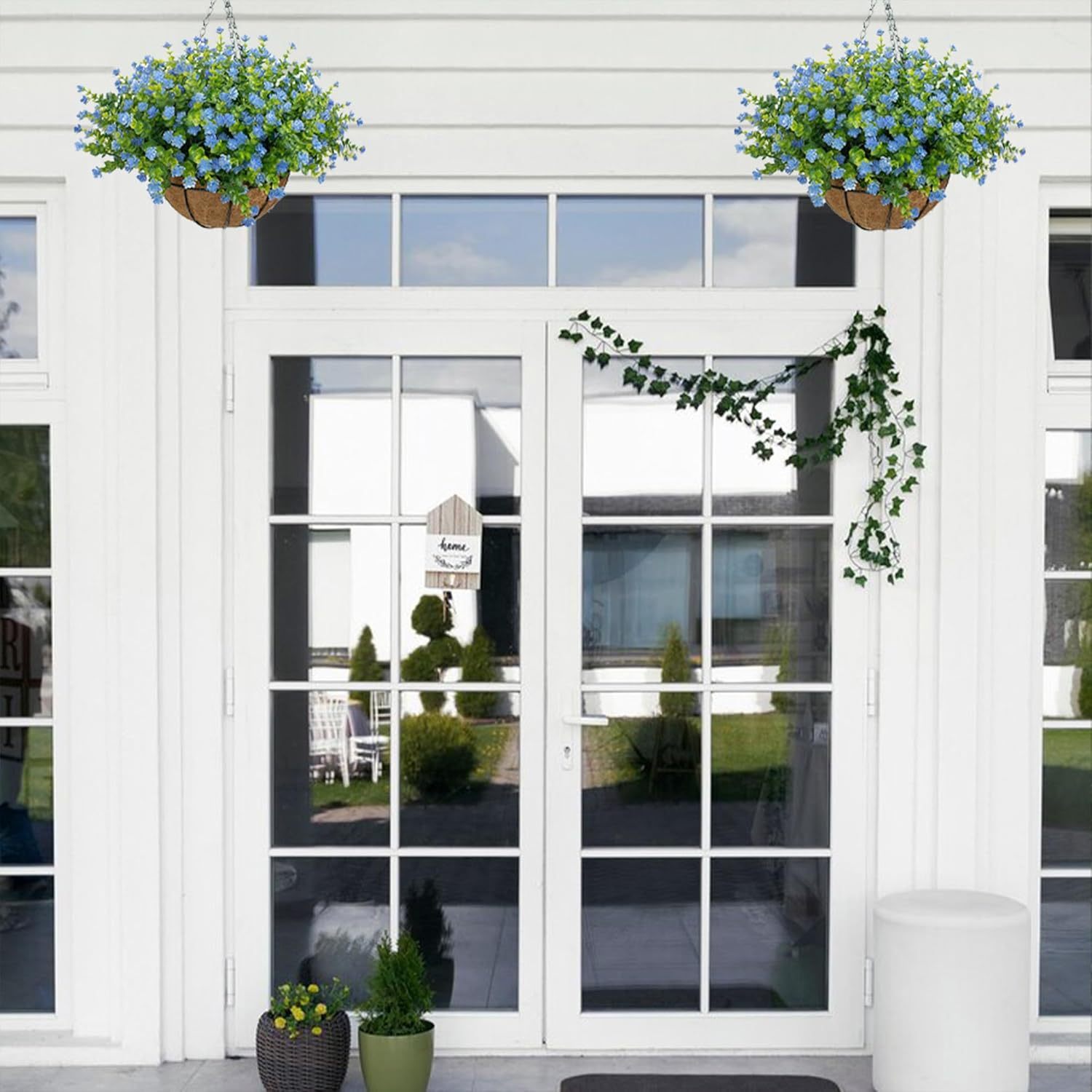 Artificial Hanging Flowers Basket for Outdoor, 16 Fake Flowers Look Real UV Resistant, Faux Hanging Plants for Porch, Balcony, Patio, Garden, Spring Summer Decor,White