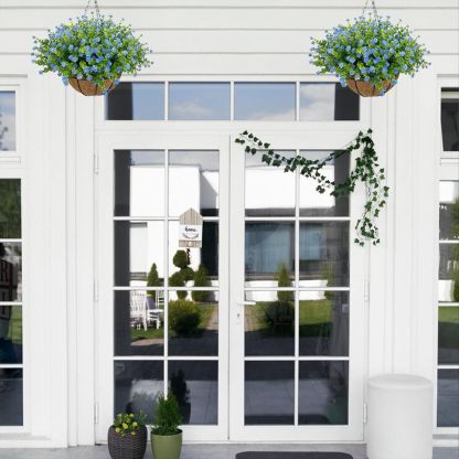 Artificial Hanging Flowers Basket for Outdoor, 16 Fake Flowers Look Real UV Resistant, Faux Hanging Plants for Porch, Balcony, Patio, Garden, Spring Summer Decor,White