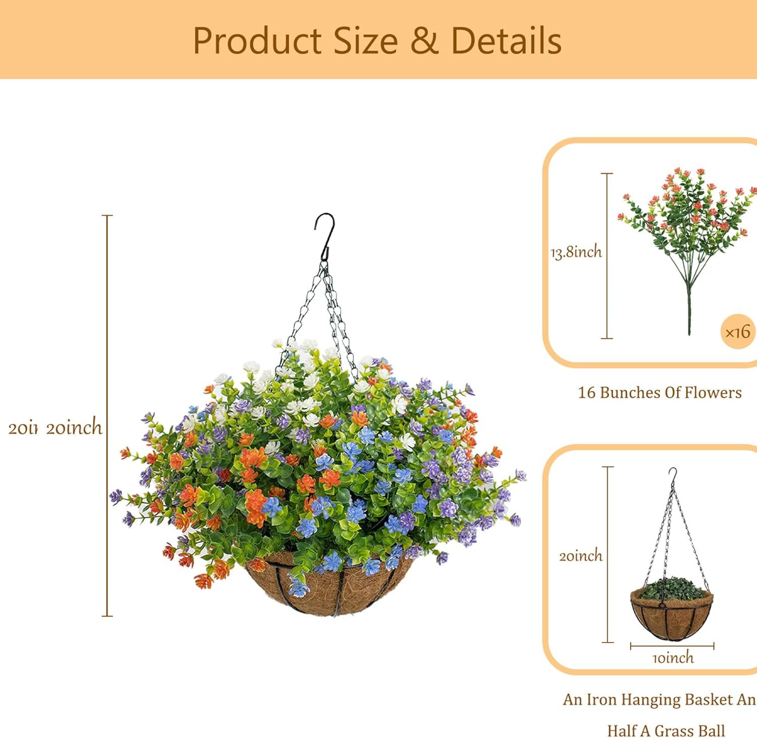 Artificial Hanging Flowers Basket for Outdoor, 16 Fake Flowers Look Real UV Resistant, Faux Hanging Plants for Porch, Balcony, Patio, Garden, Spring Summer Decor,White