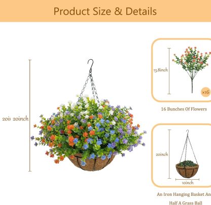 Artificial Hanging Flowers Basket for Outdoor, 16 Fake Flowers Look Real UV Resistant, Faux Hanging Plants for Porch, Balcony, Patio, Garden, Spring Summer Decor,White