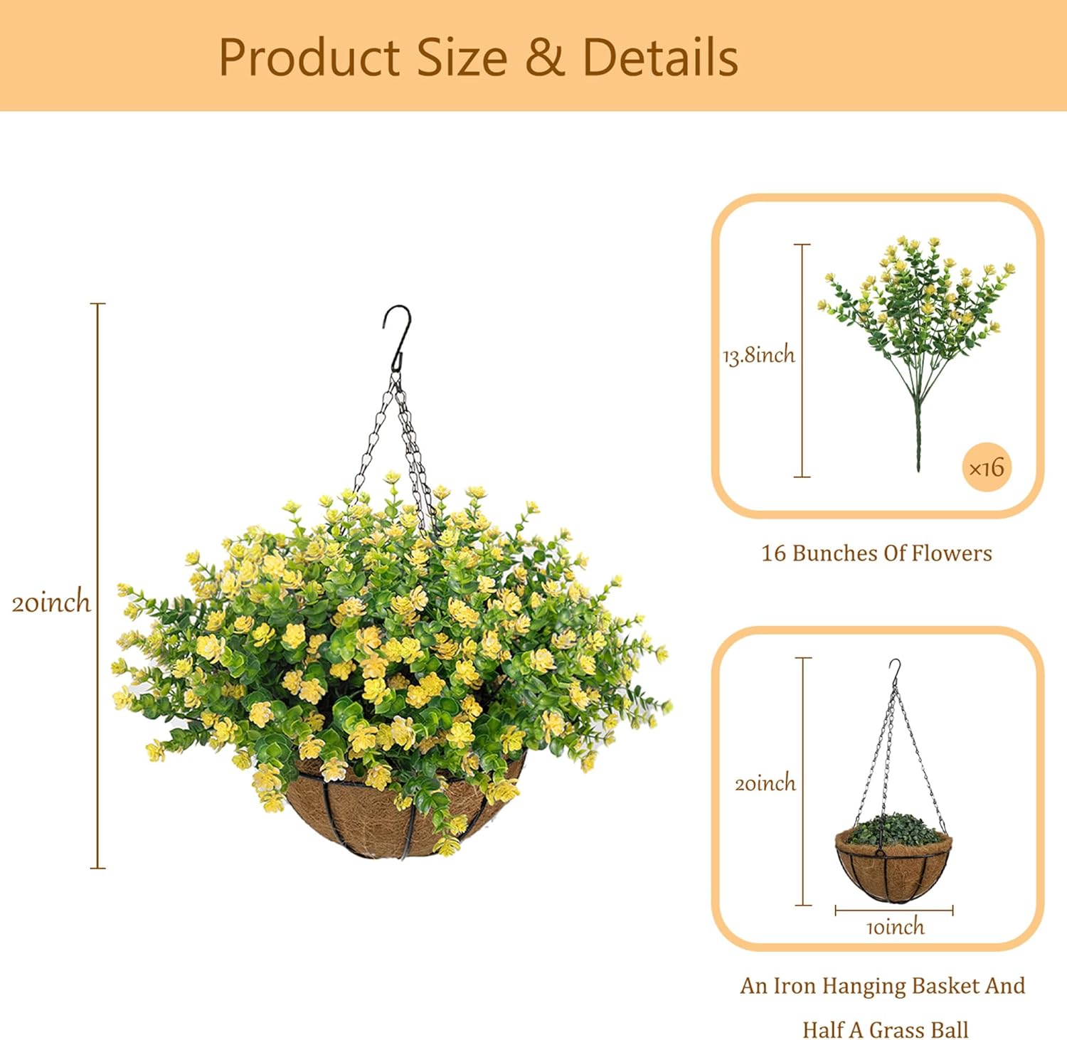 Artificial Hanging Flowers Basket for Outdoor, 16 Fake Flowers Look Real UV Resistant, Faux Hanging Plants for Porch, Balcony, Patio, Garden, Spring Summer Decor,White