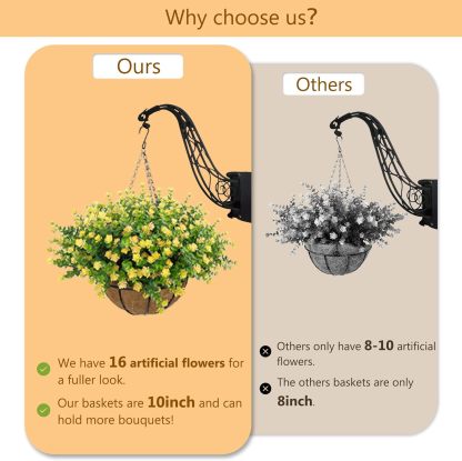 Artificial Hanging Flowers Basket for Outdoor, 16 Fake Flowers Look Real UV Resistant, Faux Hanging Plants for Porch, Balcony, Patio, Garden, Spring Summer Decor,White