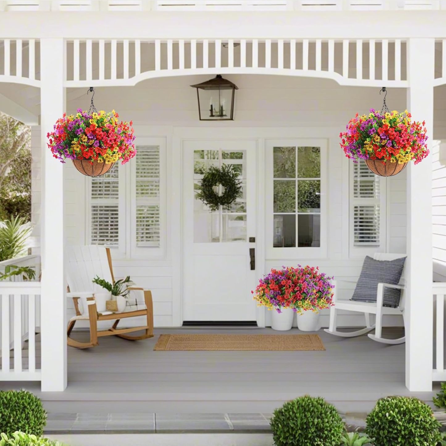 2 Set Artificial Outdoor Flowers with Hanging Basket, 2 Hanging Planters with 24 Pcs Flowers for Spring Summer Front Porch Garden Patio Home Decor (2, Red, Purple, Yellow, Rose Red)