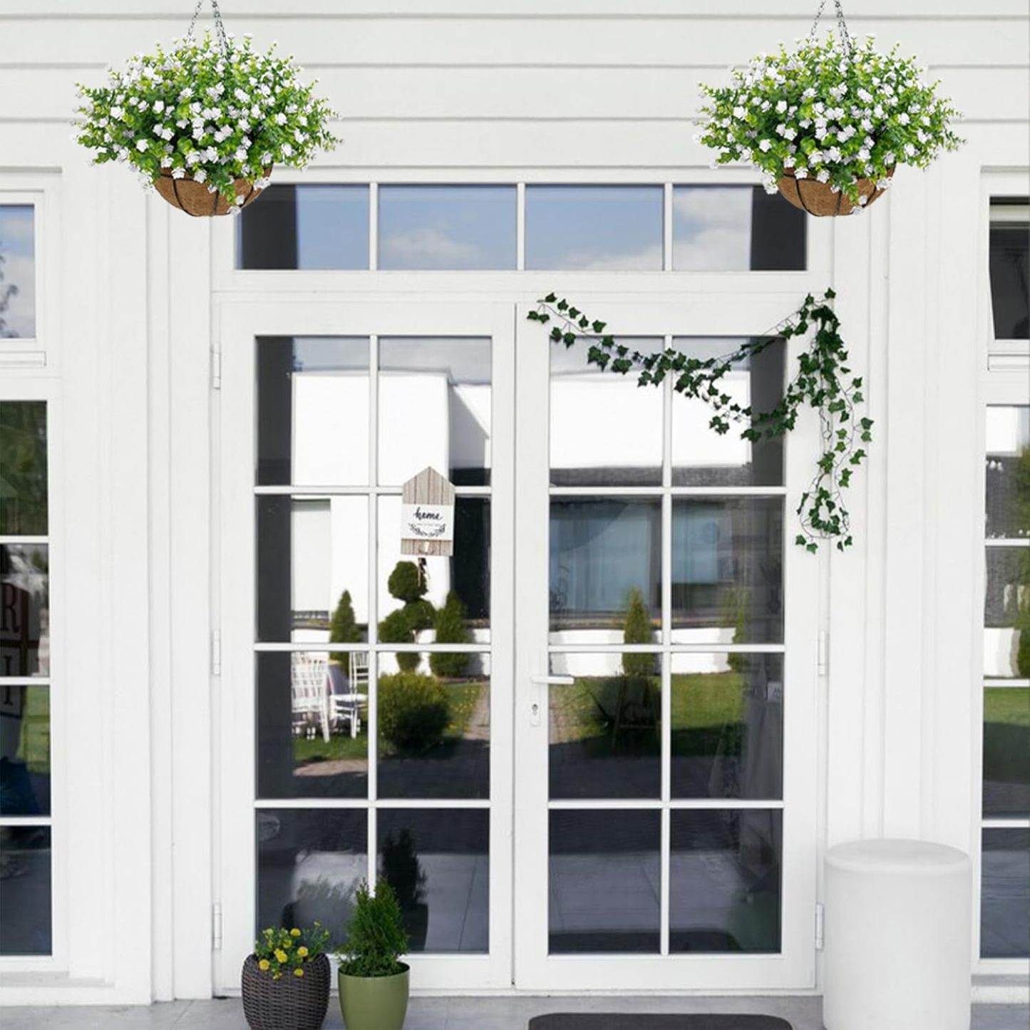 Artificial Hanging Flowers Basket for Outdoor, 16 Fake Flowers Look Real UV Resistant, Faux Hanging Plants for Porch, Balcony, Patio, Garden, Spring Summer Decor,White