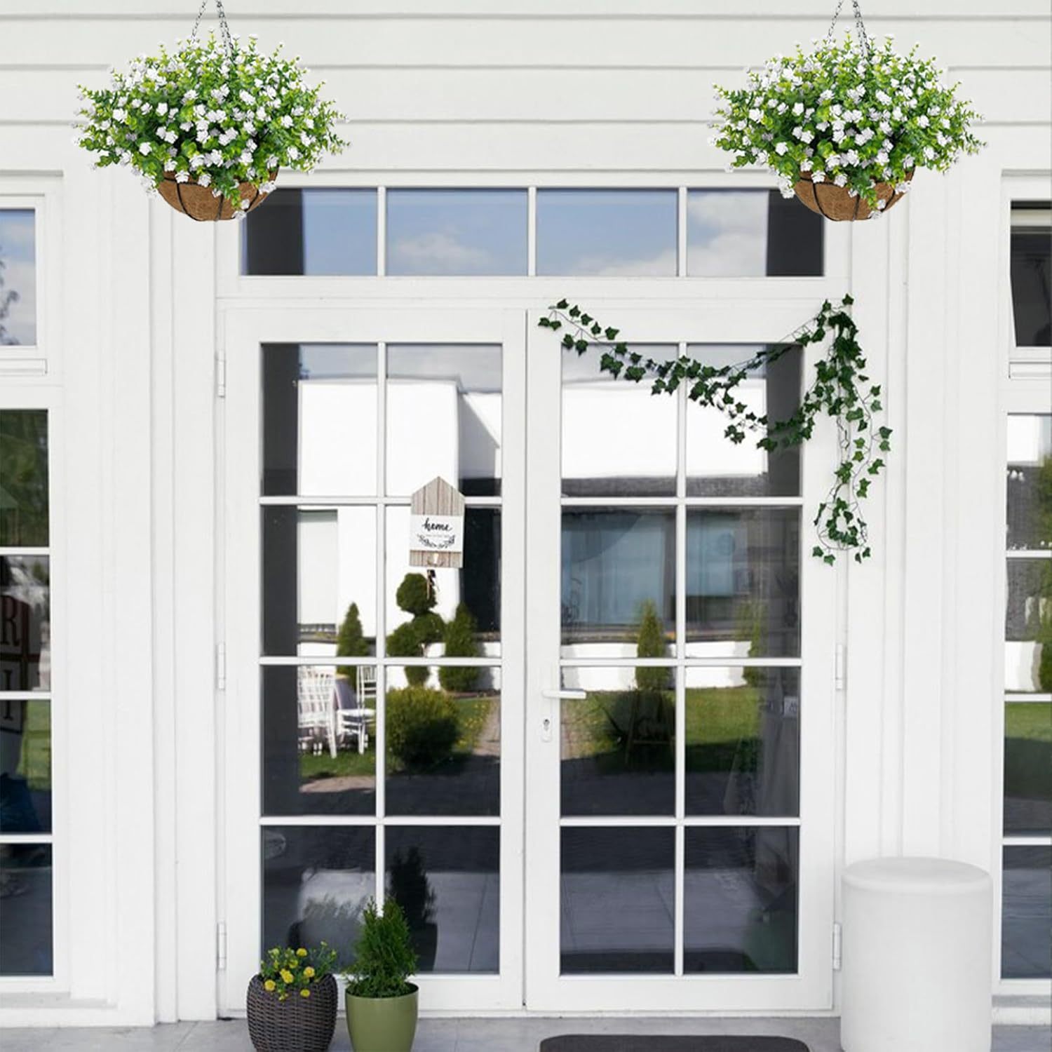 Artificial Hanging Flowers Basket for Outdoor, 16 Fake Flowers Look Real UV Resistant, Faux Hanging Plants for Porch, Balcony, Patio, Garden, Spring Summer Decor,White