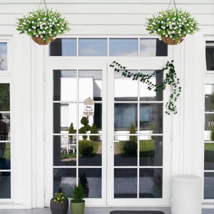 Artificial Hanging Flowers Basket for Outdoor, 16 Fake Flowers Look Real UV Resistant, Faux Hanging Plants for Porch, Balcony, Patio, Garden, Spring Summer Decor,White