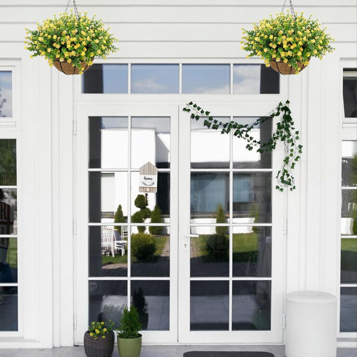 Artificial Hanging Flowers Basket for Outdoor, 16 Fake Flowers Look Real UV Resistant, Faux Hanging Plants for Porch, Balcony, Patio, Garden, Spring Summer Decor,White