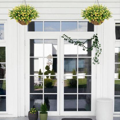 Artificial Hanging Flowers Basket for Outdoor, 16 Fake Flowers Look Real UV Resistant, Faux Hanging Plants for Porch, Balcony, Patio, Garden, Spring Summer Decor,White