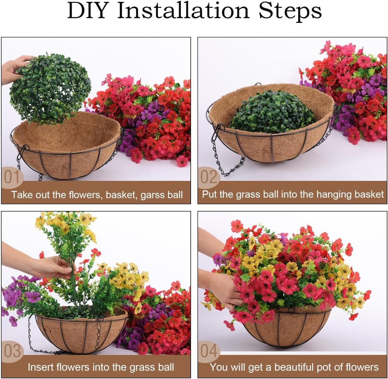 2 Set Artificial Outdoor Flowers with Hanging Basket, 2 Hanging Planters with 24 Pcs Flowers for Spring Summer Front Porch Garden Patio Home Decor (2, Red, Purple, Yellow, Rose Red)