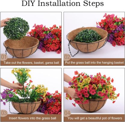 2 Set Artificial Outdoor Flowers with Hanging Basket, 2 Hanging Planters with 24 Pcs Flowers for Spring Summer Front Porch Garden Patio Home Decor (2, Red, Purple, Yellow, Rose Red)