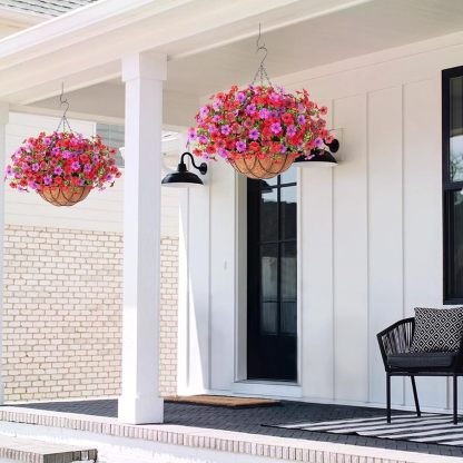 Artificial Silk Flowers Hanging Basket for Outdoor Indoor, Daisy with Eucalyptus Leaves Arrangement for Garden Yard Spring Summer Decor, Faux Green Plant in Metal Coconut Lining Pot(Red Purple)