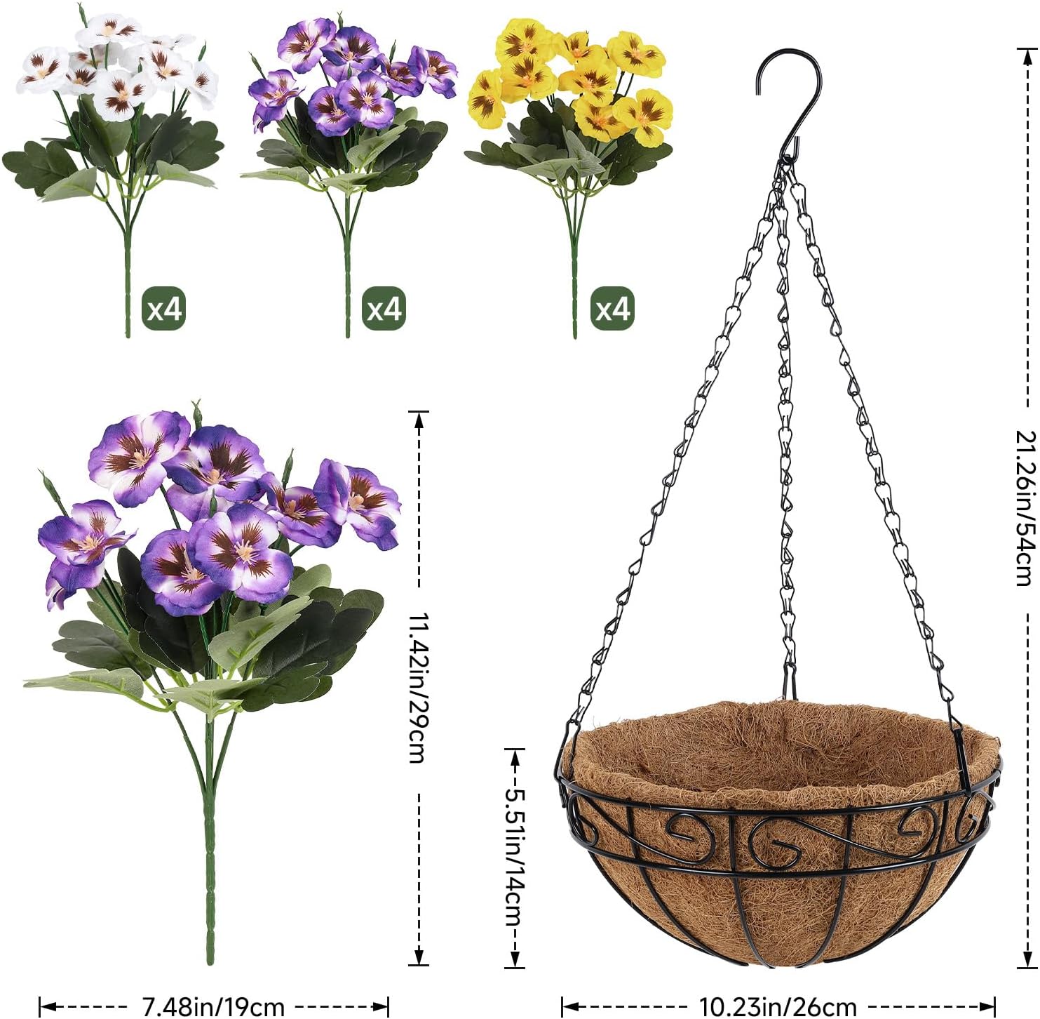 12 Bundles Artificial Hanging Flowers with Basket for Plants Outdoors,UV Resistant Fake Pansies Faux Silk Flowers for Outside Planter Garden Front Door Porch Yard Home Decor,Mix 3 Colors