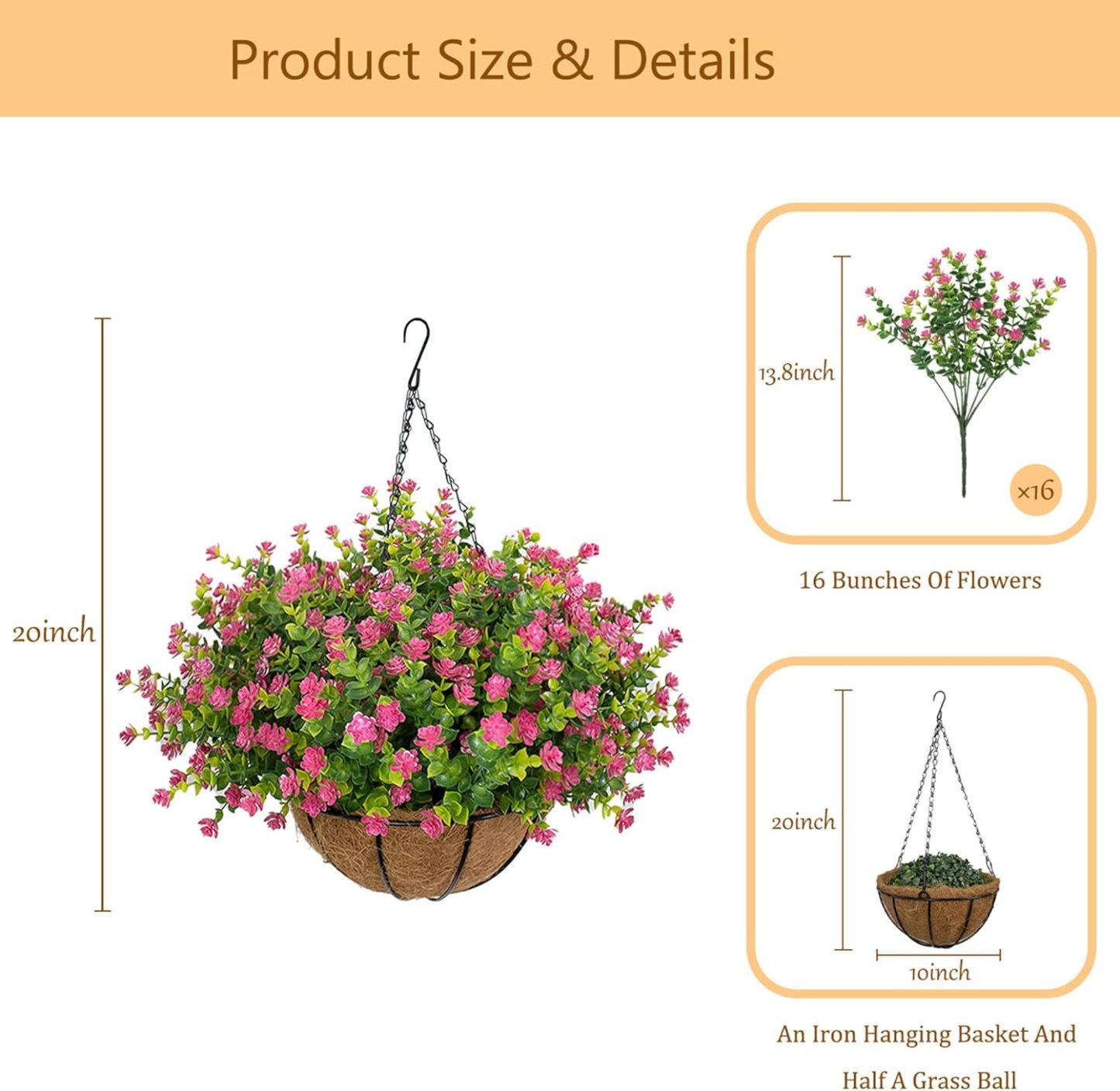 Artificial Hanging Flowers Basket for Outdoor, 16 Fake Flowers Look Real UV Resistant, Faux Hanging Plants for Porch, Balcony, Patio, Garden, Spring Summer Decor,White