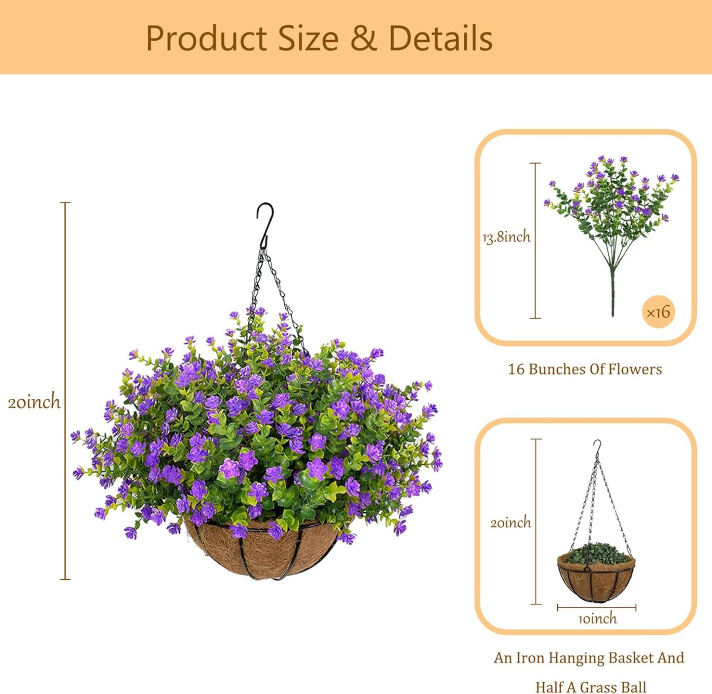 Artificial Hanging Flowers Basket for Outdoor, 16 Fake Flowers Look Real UV Resistant, Faux Hanging Plants for Porch, Balcony, Patio, Garden, Spring Summer Decor,White