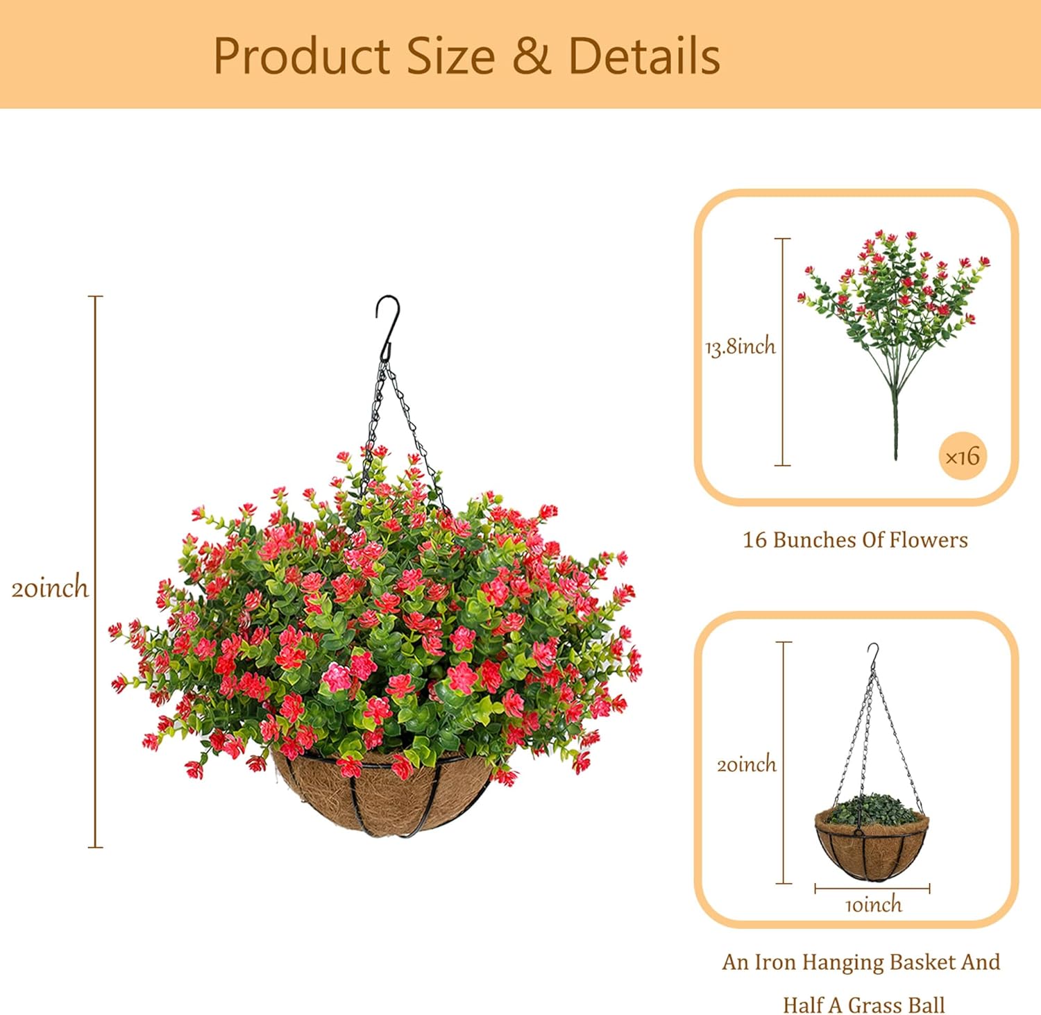 Artificial Hanging Flowers Basket for Outdoor, 16 Fake Flowers Look Real UV Resistant, Faux Hanging Plants for Porch, Balcony, Patio, Garden, Spring Summer Decor,White