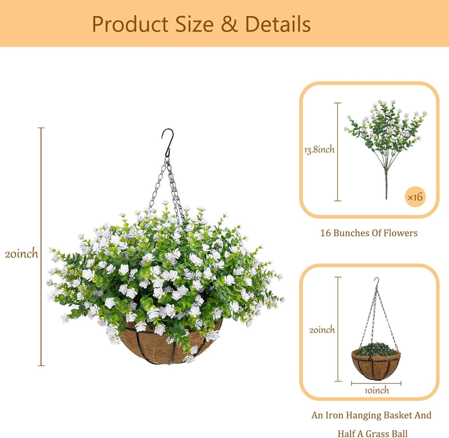 Artificial Hanging Flowers Basket for Outdoor, 16 Fake Flowers Look Real UV Resistant, Faux Hanging Plants for Porch, Balcony, Patio, Garden, Spring Summer Decor,White