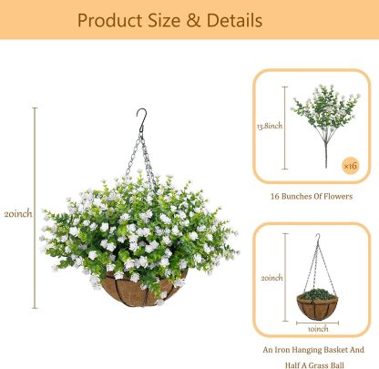 Artificial Hanging Flowers Basket for Outdoor, 16 Fake Flowers Look Real UV Resistant, Faux Hanging Plants for Porch, Balcony, Patio, Garden, Spring Summer Decor,White