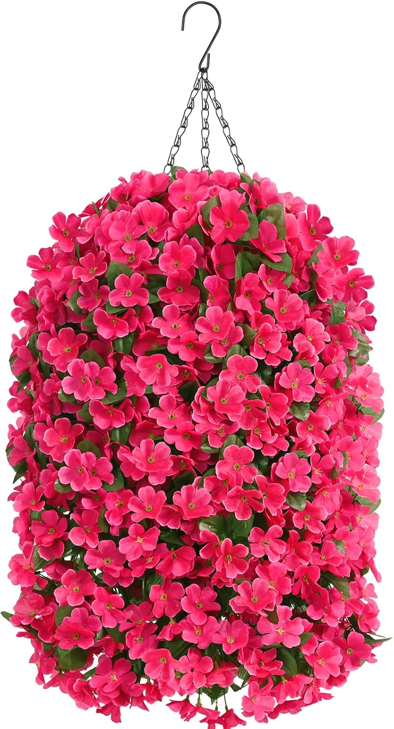 Artificial Hanging Flowers for Outdoors, Fake Hanging Plants with Baskets, Silk Faux Flowers UV Resistant for Planters Home Patio Porch Spring Summer Outside Decorations, Fuchsia