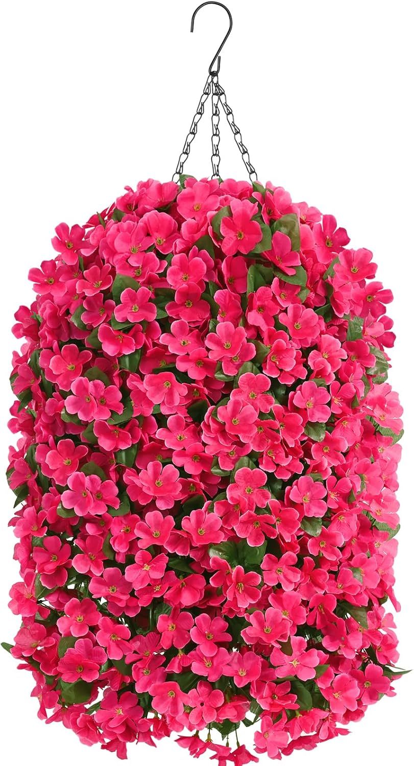 Artificial Hanging Flowers for Outdoors, Fake Hanging Plants with Baskets, Silk Faux Flowers UV Resistant for Planters Home Patio Porch Spring Summer Outside Decorations, Fuchsia