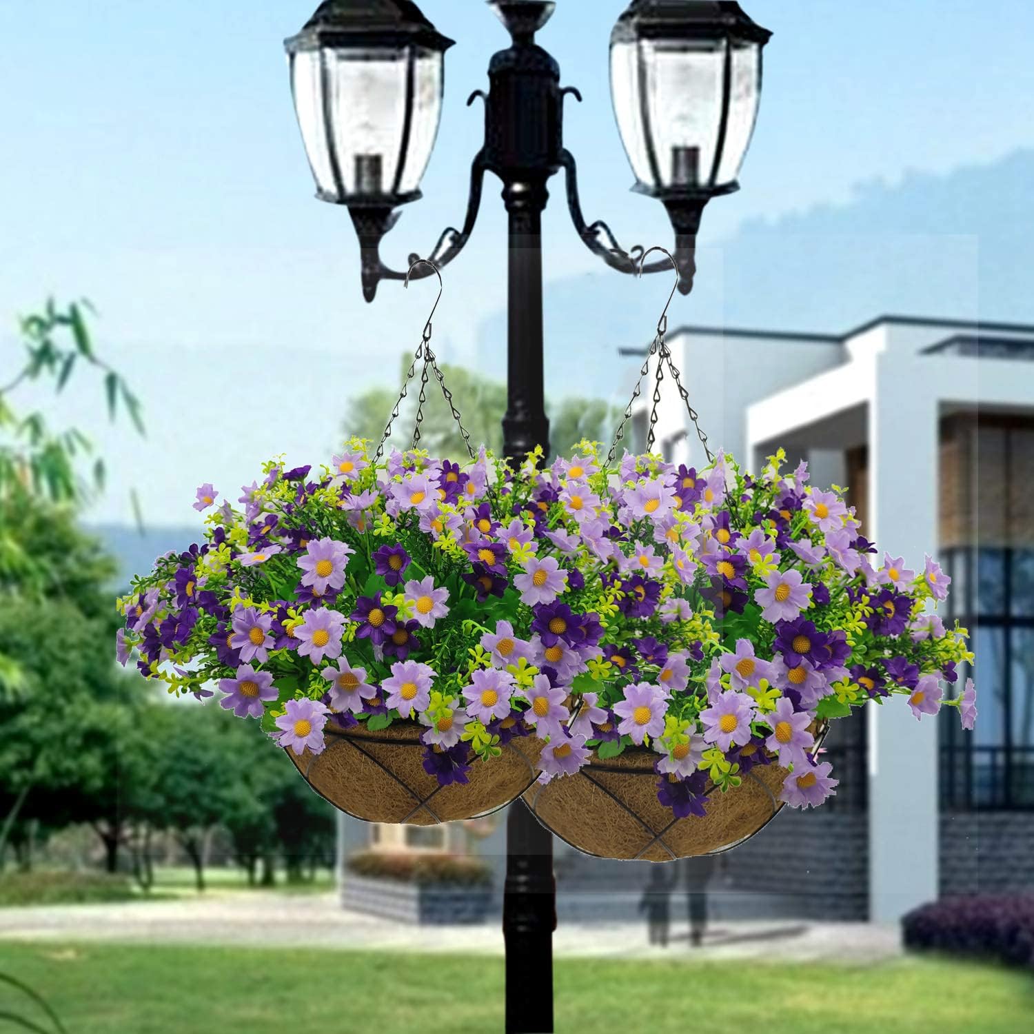 Artificial Faux Hanging Plants Flowers Basket for Fall, Colorful Daisy Flowers Eucalyptus UV Resistant Look Real for Outdoor Outside Porch Decoration