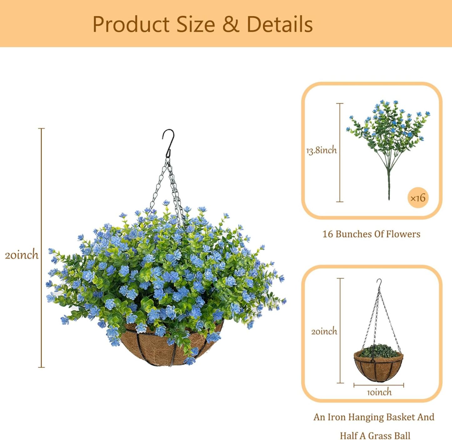 Artificial Hanging Flowers Basket for Outdoor, 16 Fake Flowers Look Real UV Resistant, Faux Hanging Plants for Porch, Balcony, Patio, Garden, Spring Summer Decor,White