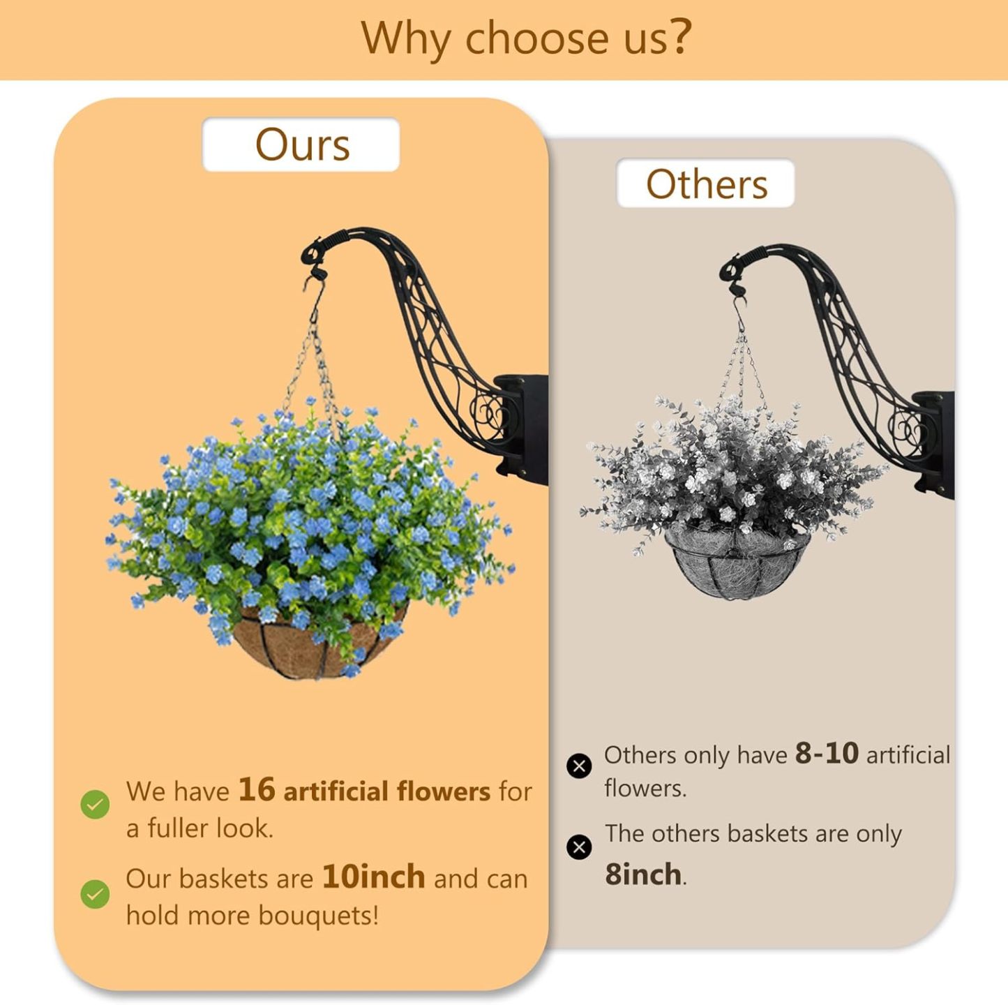 Artificial Hanging Flowers Basket for Outdoor, 16 Fake Flowers Look Real UV Resistant, Faux Hanging Plants for Porch, Balcony, Patio, Garden, Spring Summer Decor,White