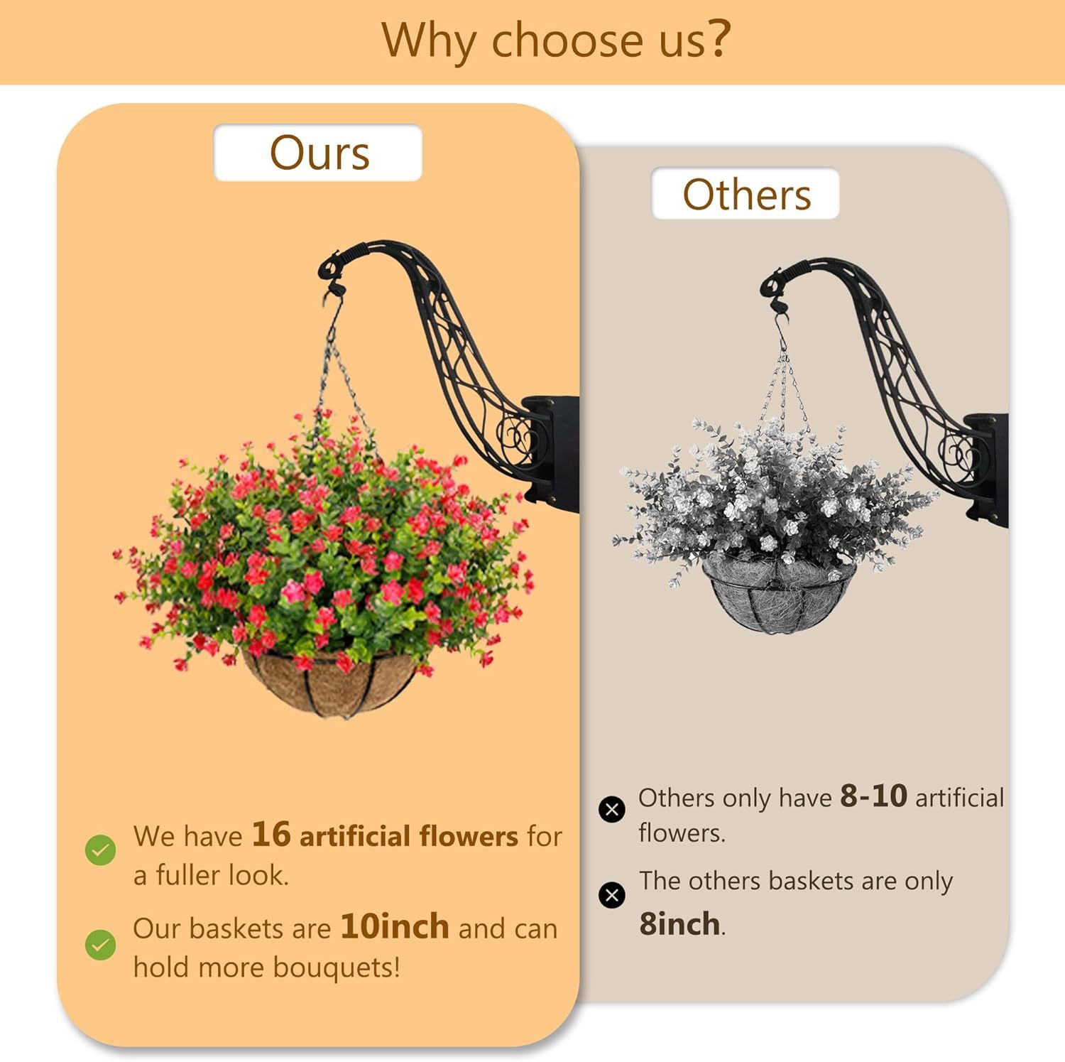 Artificial Hanging Flowers Basket for Outdoor, 16 Fake Flowers Look Real UV Resistant, Faux Hanging Plants for Porch, Balcony, Patio, Garden, Spring Summer Decor,White