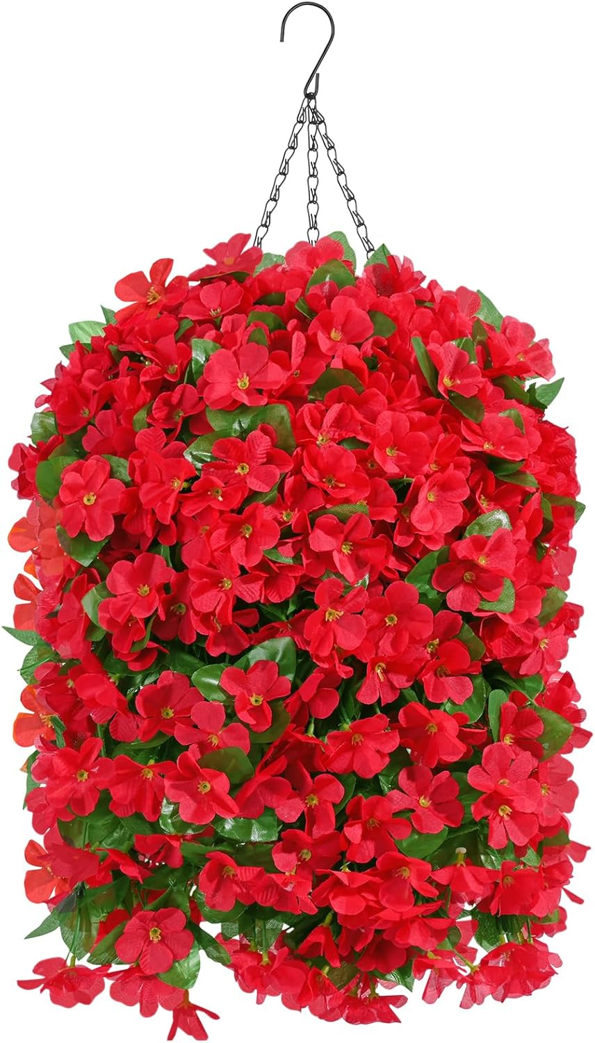 Artificial Hanging Flowers for Outdoors, Fake Hanging Plants with Baskets, Silk Faux Flowers UV Resistant for Planters Home Patio Porch Spring Summer Outside Decorations, Fuchsia