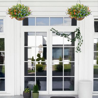 Artificial Hanging Flowers Basket for Outdoor, 16 Fake Flowers Look Real UV Resistant, Faux Hanging Plants for Porch, Balcony, Patio, Garden, Spring Summer Decor,White